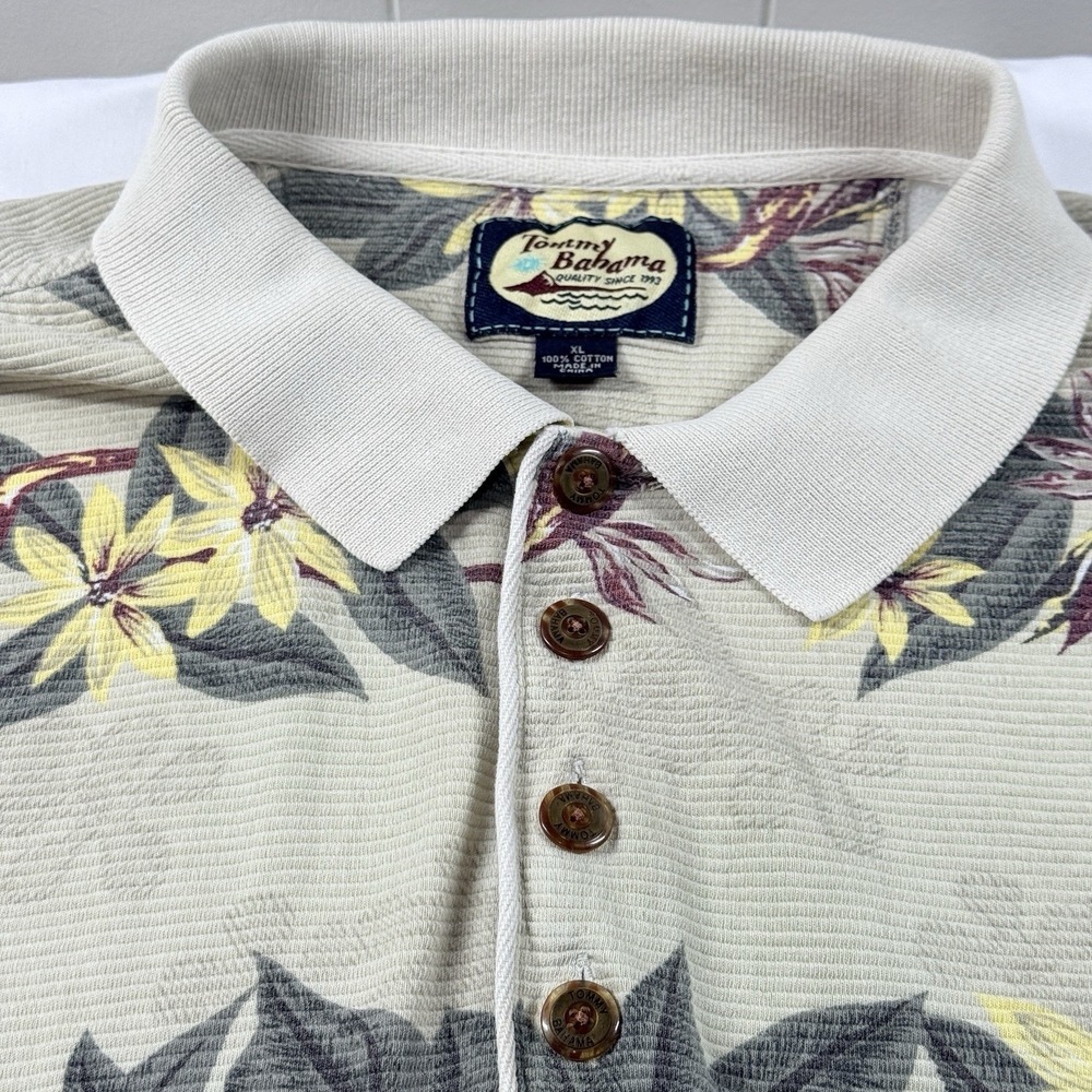 Vintage Tommy Bahama Hawaiian Polo Shirt XL Floral Tropical Island Resort‎ Beige - Picture 6 of 14